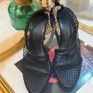 Bottega Veneta Black Mesh Chain-Strap Slingback Flats